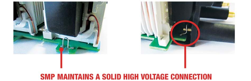 Standard Ignition Coil compared to original equipment showing the spring terminal design to maintain a solid high voltage connection