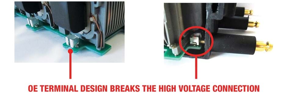 Standard Ignition Coil compared to original equipment showing how the the OE metal terminal deforms while the epoxy cures