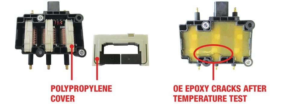 Standard Ignition Coil compared to original equipment showing how OE polypropylene cover on steel core leads to epoxy cracking